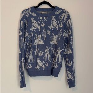 Blue and White Patterned Crewneck Sweater